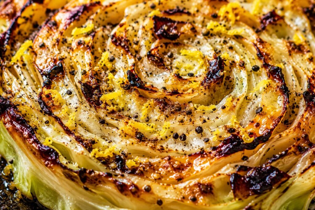 Crispy blistered cabbage leaves coated in coarse black pepper and lemon zest.