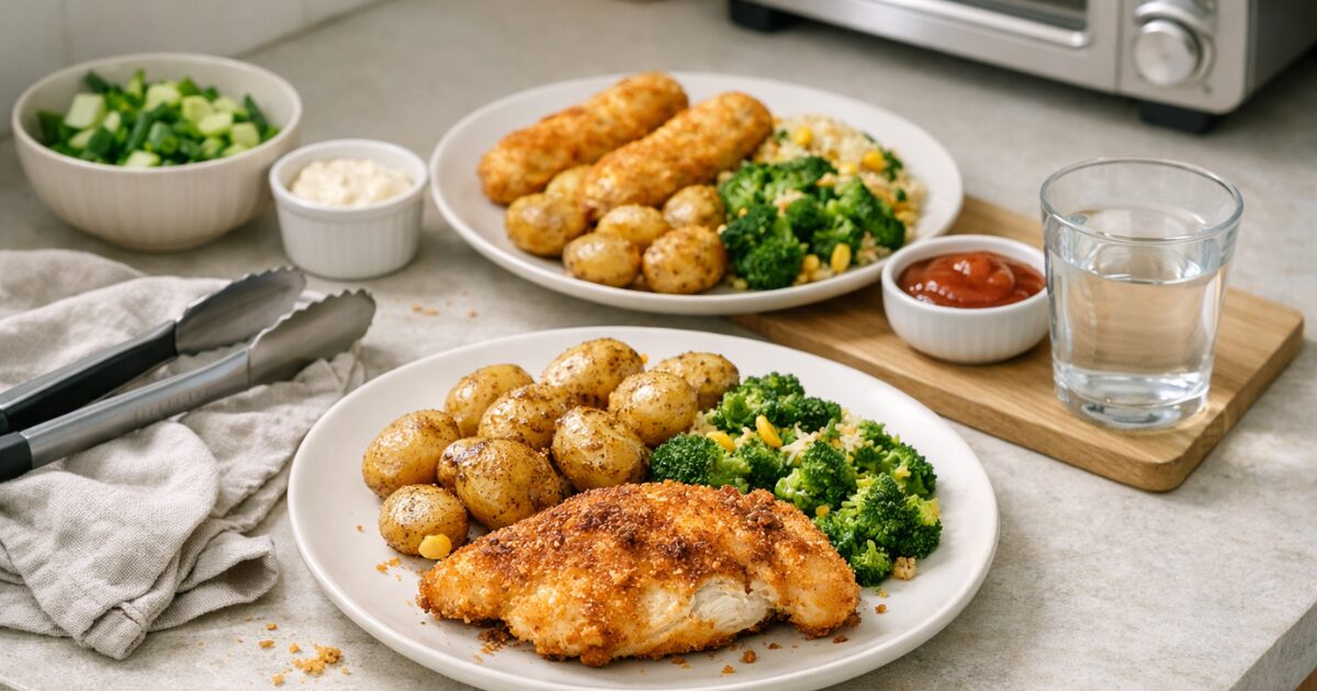 Crispy lazy dinner plates on a clean kitchen counter showing how air fryer toaster ovens can make weeknight meals feel easier.
