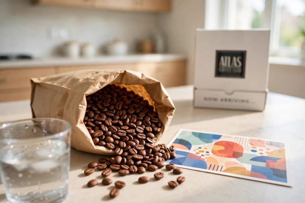 Fresh coffee beans and a tasting postcard resting on a clean, modern kitchen counter