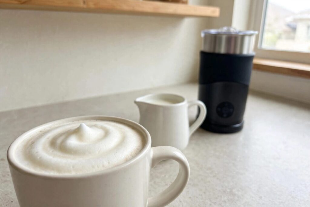 Foamy coffee on a bright counter with an automatic milk frother softly blurred in the background.