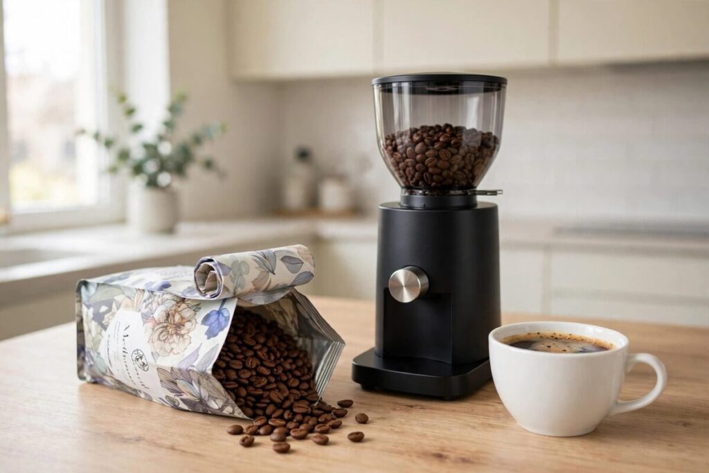Full-size bag of specialty coffee beside a grinder and brewed coffee on a clean kitchen counter