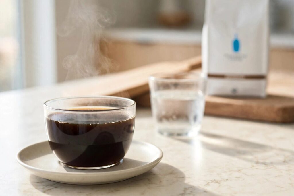 A fresh cup of black coffee in a minimalist kitchen setting