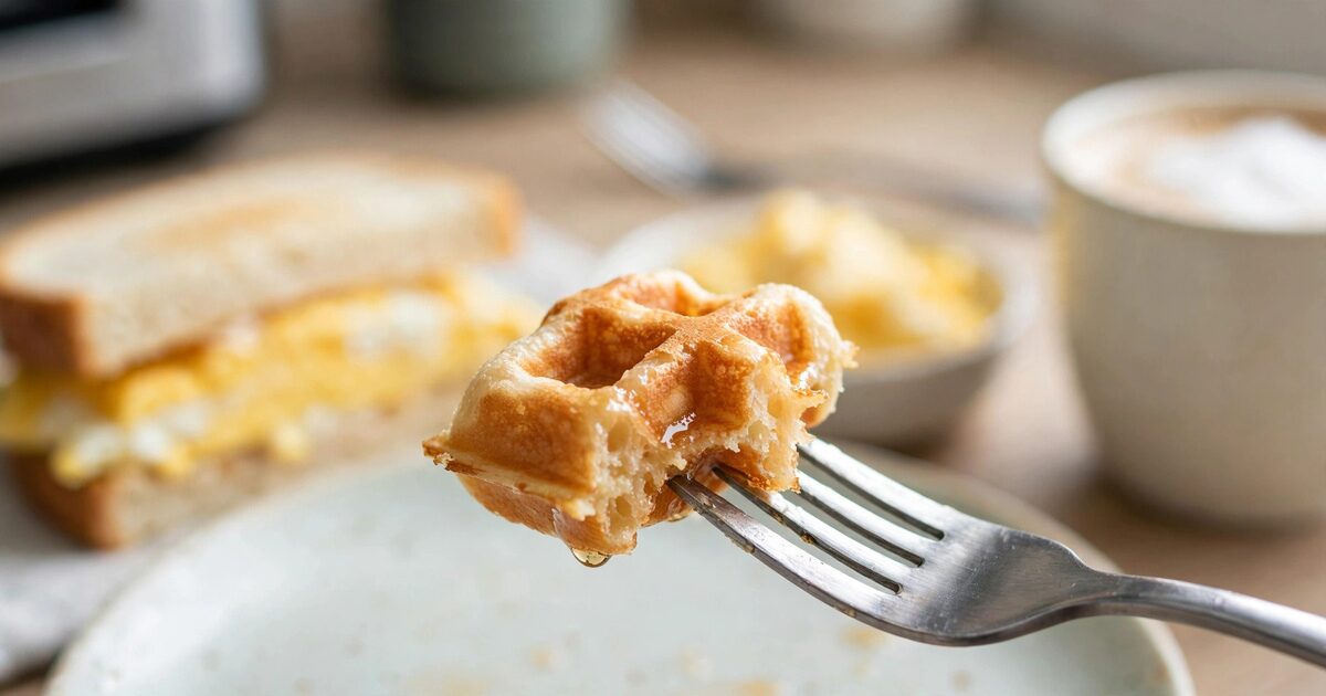 Breakfast gadgets help prepare a crisp waffle, egg sandwich, cooked eggs, and foamy coffee on a calmer morning counter.