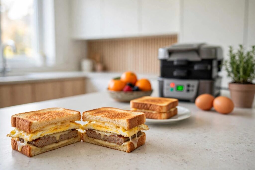 A hot egg and cheese breakfast sandwich on a clean counter with the sandwich maker softly blurred behind it.