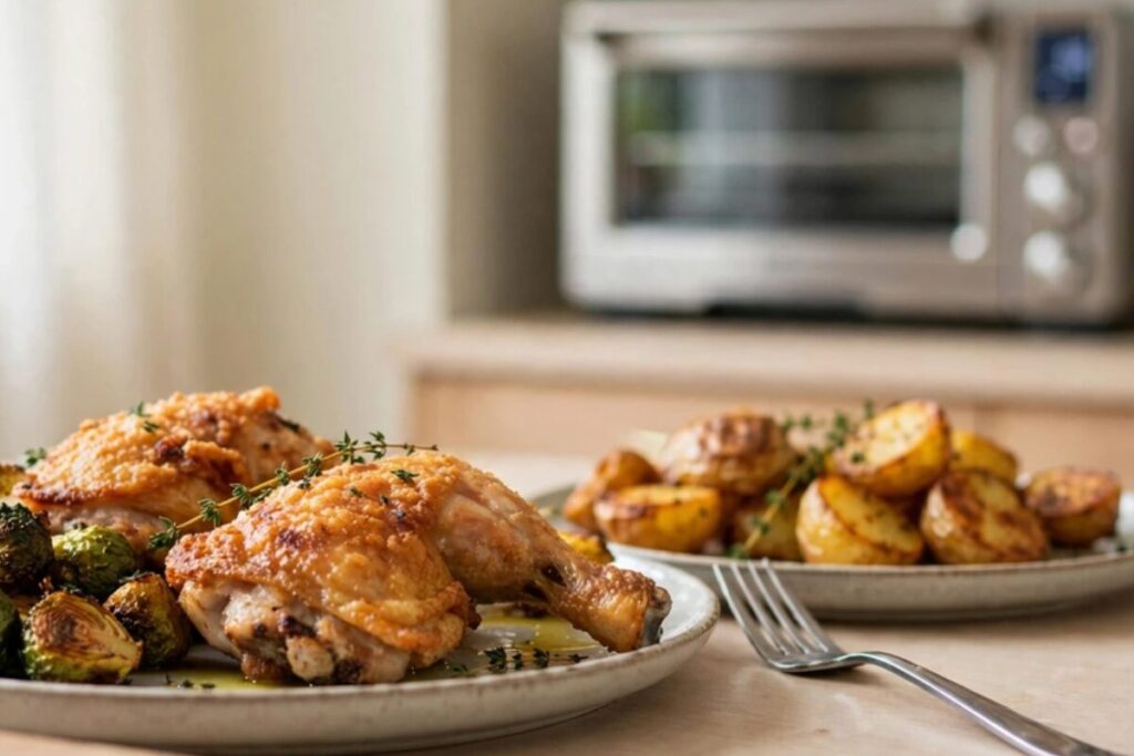 Golden crispy dinner plates on a warm counter showing the stylish aesthetic payoff of premium air fryer toaster ovens.