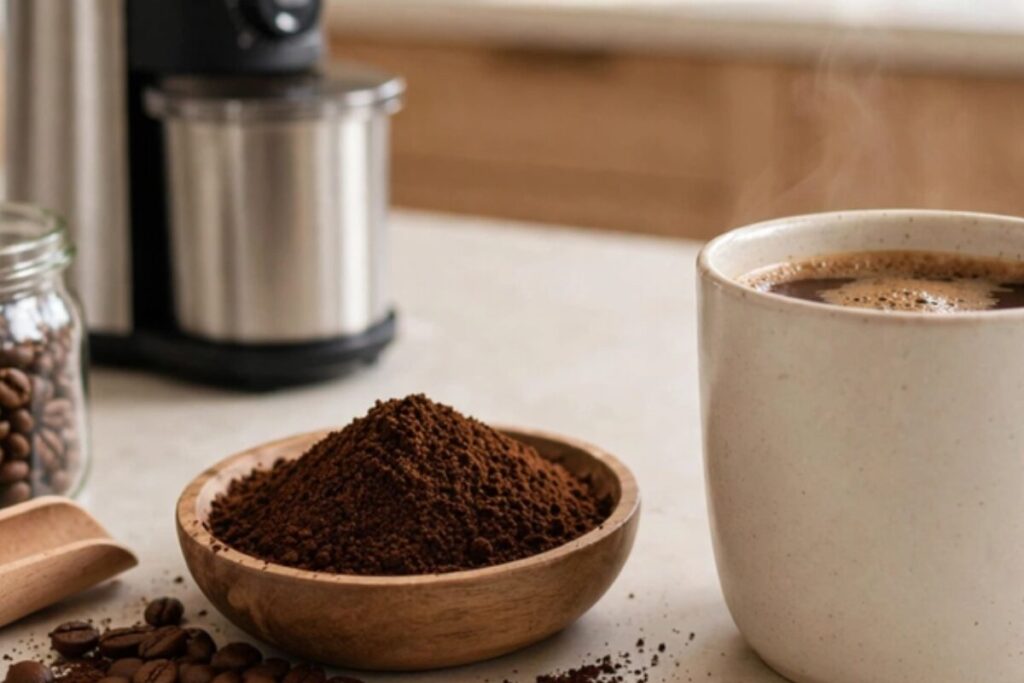 Freshly brewed coffee and evenly ground beans with a burr coffee grinder blurred in the background.