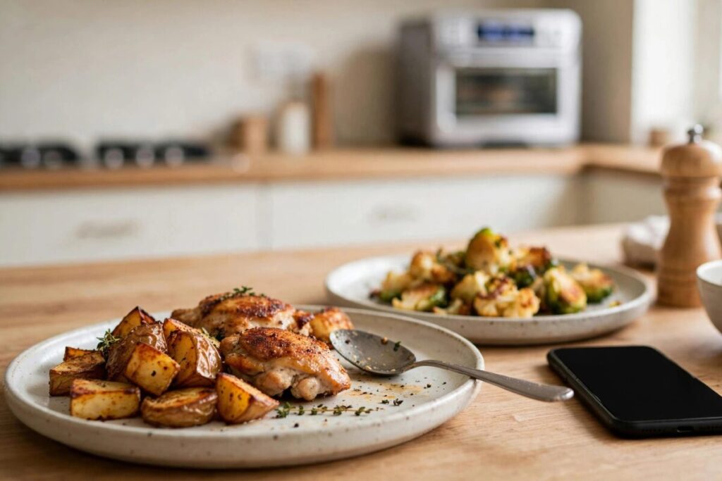 Crispy weeknight dinner plates next to a blurred smartphone, showing the app-controlled convenience payoff of smart air fryer toaster ovens.