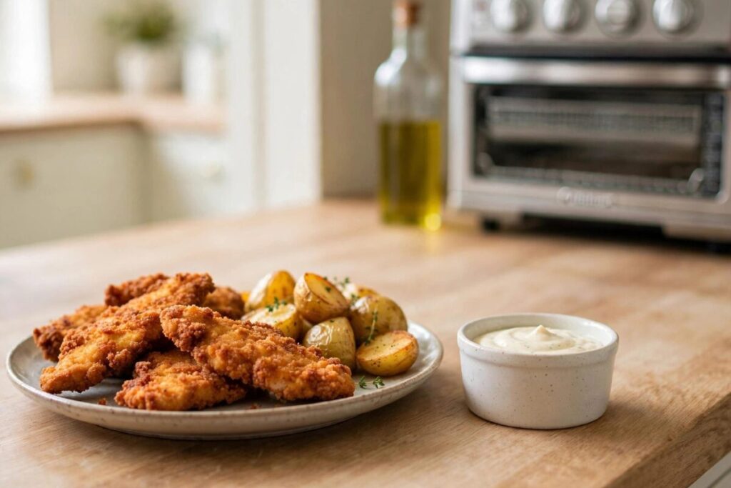 Crispy dinner for two on a small kitchen counter showing the compact, space-saving payoff of air fryer toaster ovens.