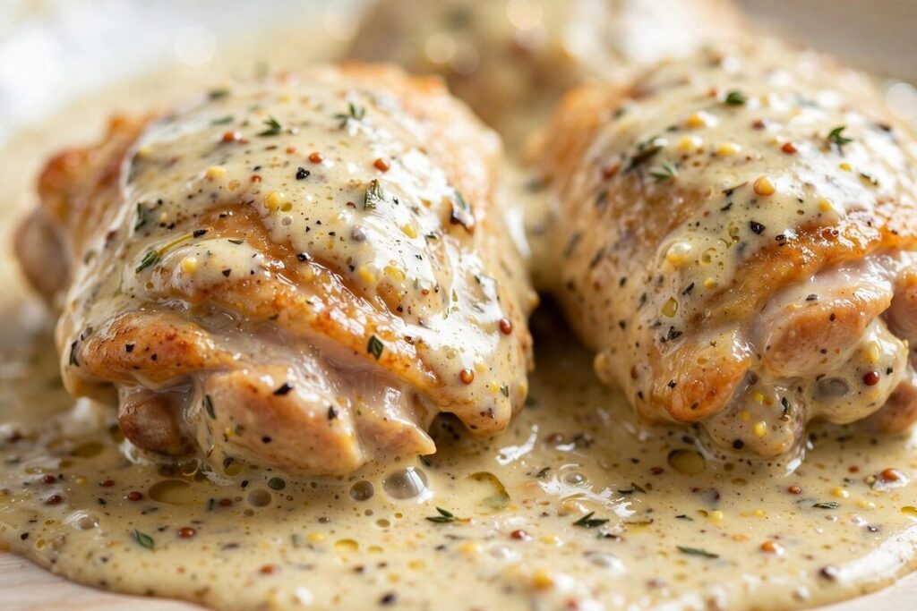 Close-up of chicken thighs coated in a glossy creamy dijon pan sauce.