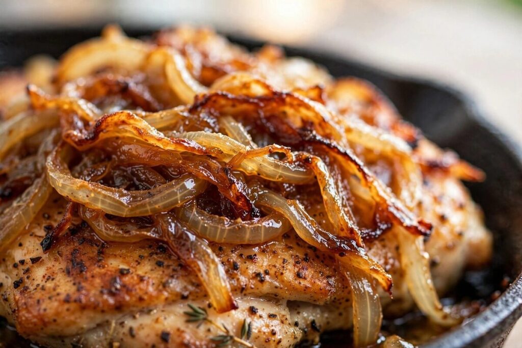 Close-up of caramelized onions draped over a seared chicken thigh in a skillet.