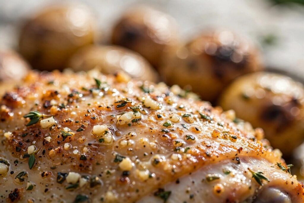Close-up of glossy garlic butter chicken thighs and roasted potatoes on a sheet pan.