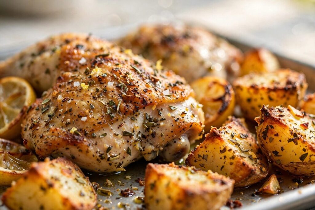Close-up of golden Greek lemon chicken and crisped roasted potatoes on a sheet pan.