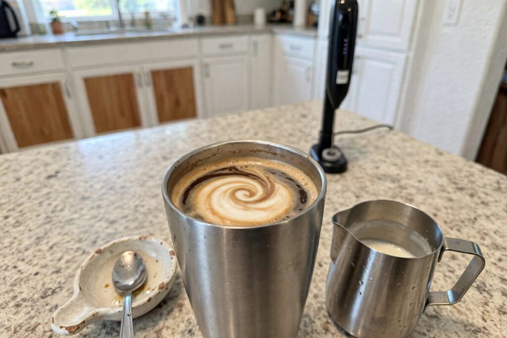 A mug of manually frothed coffee with the handheld milk frother softly blurred behind it.