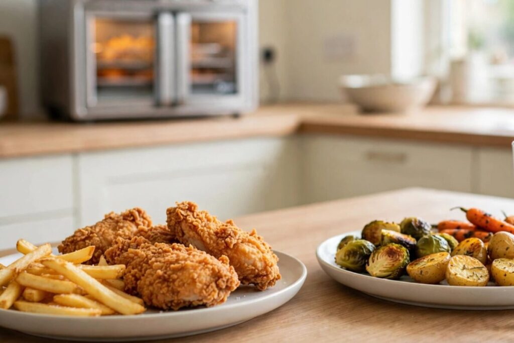 Crispy family dinner plates and roasted sides on a warm counter showing the full oven-replacement appeal of large air fryer toaster ovens.