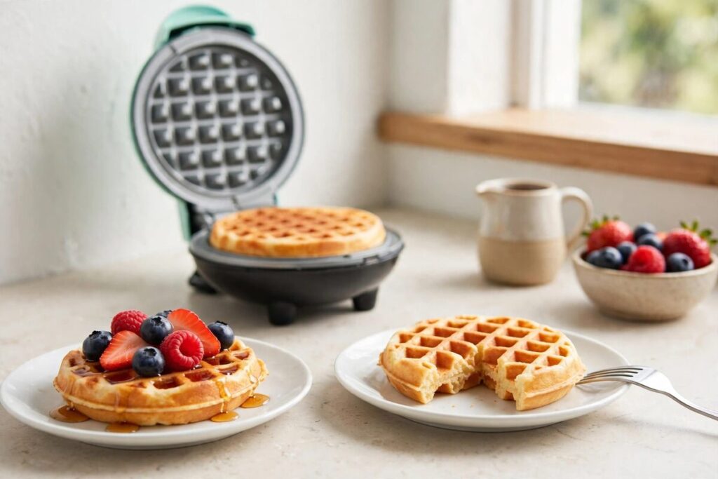 Two small crisp waffles with berries on a bright breakfast counter beside a blurred mini waffle maker.