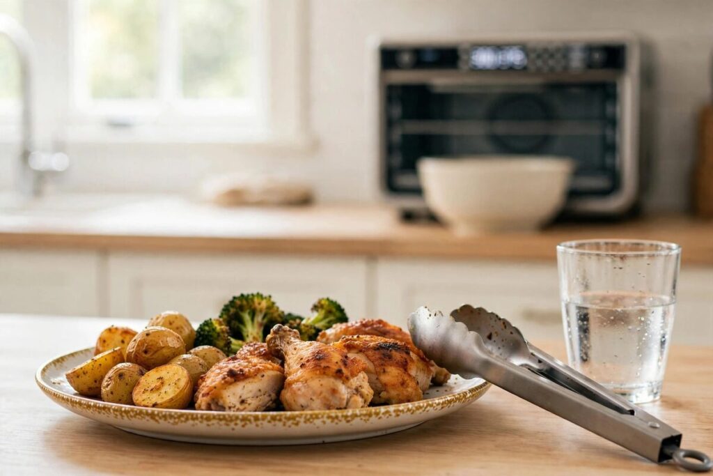 Crispy family-style dinner plates on a kitchen counter demonstrating the time-saving payoff of large air fryer toaster ovens.