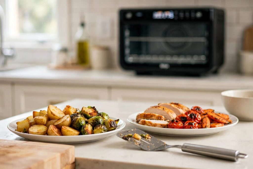 Crispy lazy dinner plates and reheated leftovers on a real kitchen counter showing how air fryer toaster ovens reduce weeknight cooking chaos.