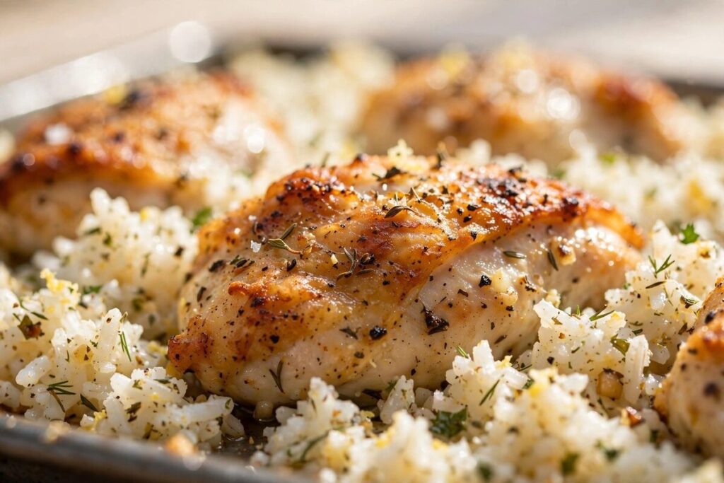 Close-up of golden chicken pieces baked into seasoned rice on a sheet pan.