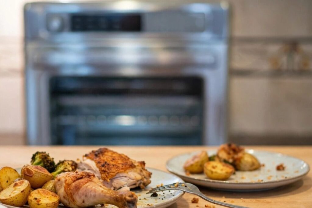 Crispy revived dinner plates on a clean kitchen counter showing the budget-friendly appeal of air fryer toaster ovens.