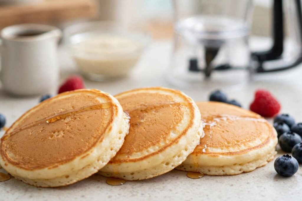 Evenly sized pancakes with berries on a clean breakfast counter, with a batter dispenser completely blurred in the background.