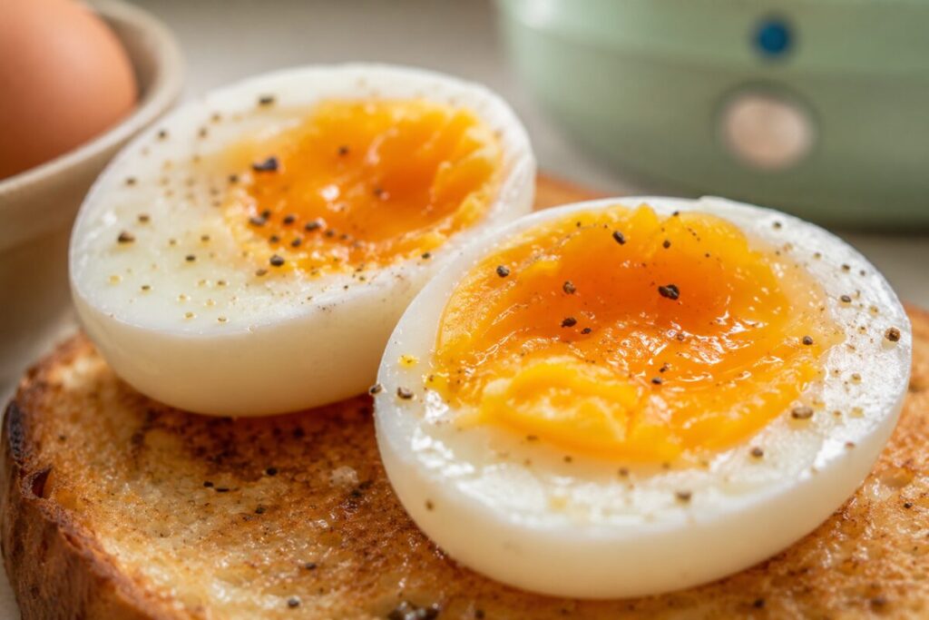 Cooked eggs and egg-topped toast prepared with a rapid egg cooker on a clean morning counter.