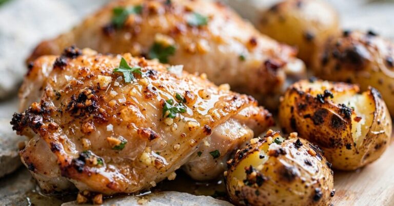 Glossy garlic butter chicken and roasted potatoes, one of 9 sheet pan chicken and veggies dinners.