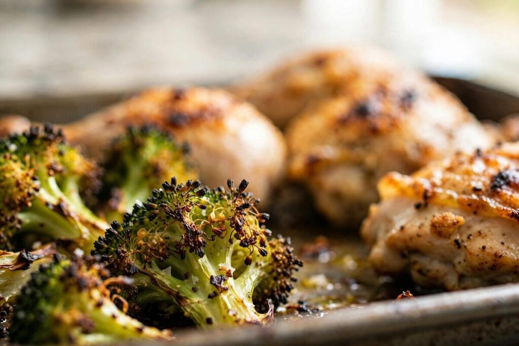 Close-up of roasted chicken and charred broccoli florets on a sheet pan.