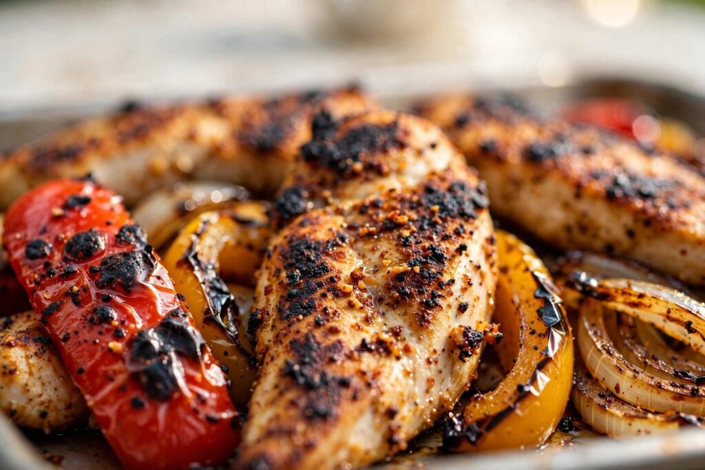 Close-up of charred sheet pan chicken fajita strips with peppers and onions.