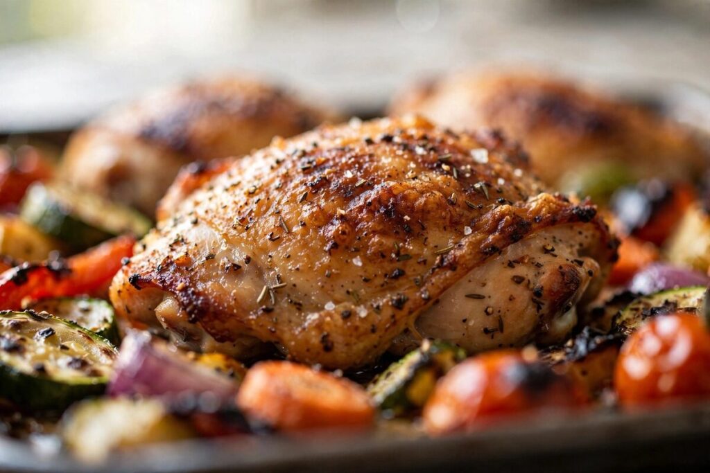 Close-up of roasted chicken thighs and charred vegetables on a sheet pan.