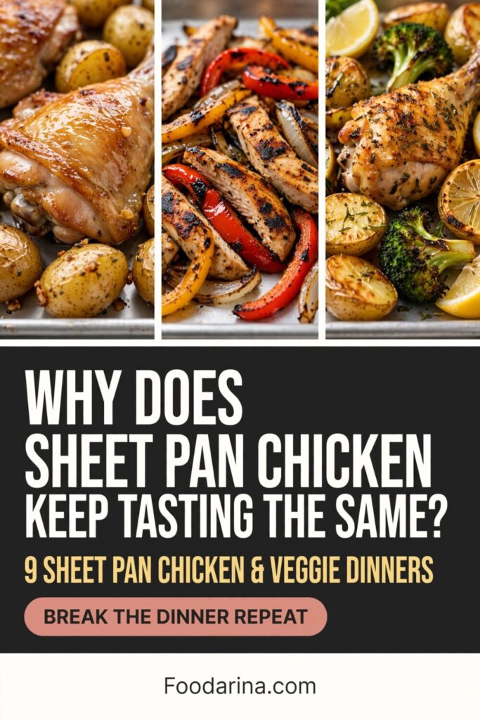 Vertical Pinterest pin with three close-up sheet pan chicken dinners above the headline “Why Does Sheet Pan Chicken Keep Tasting the Same?” and a call to break the dinner repeat.