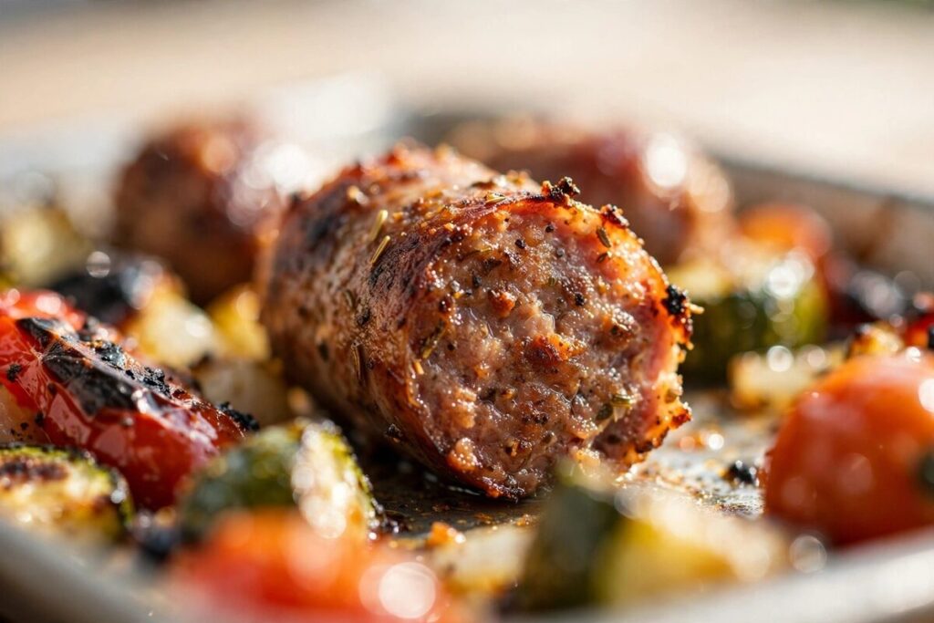 Close-up of caramelized Italian sausage and roasted vegetables on a sheet pan.