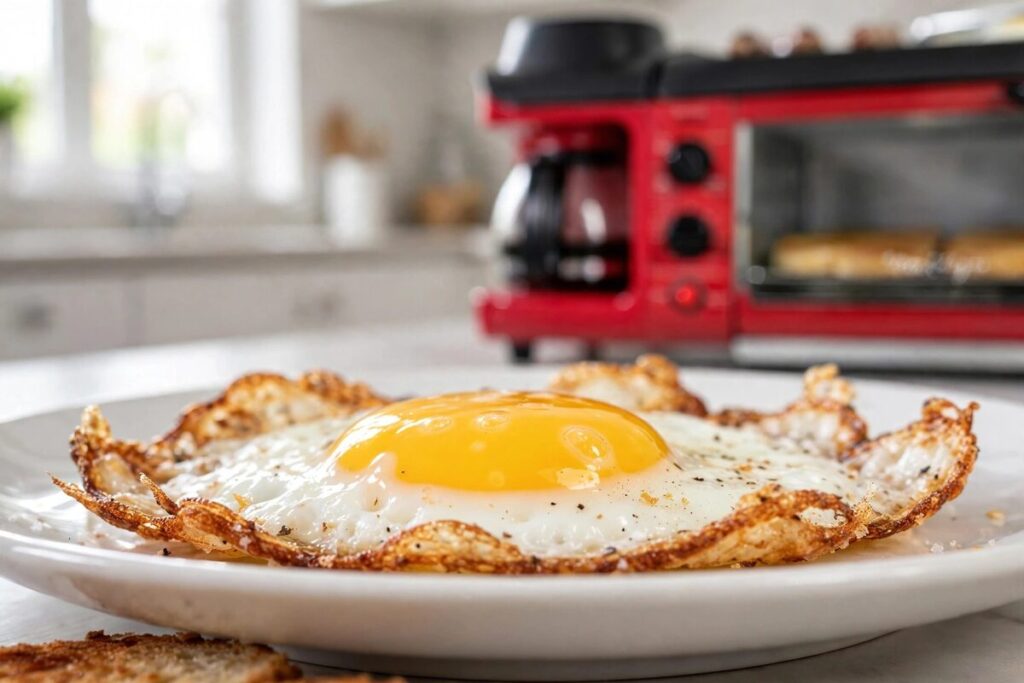 Toast, cooked eggs, breakfast food, and coffee arranged on a small counter with a breakfast station blurred behind them.