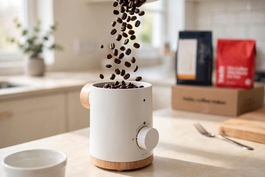 Fresh coffee beans being poured into a modern burr grinder on a clean kitchen counter