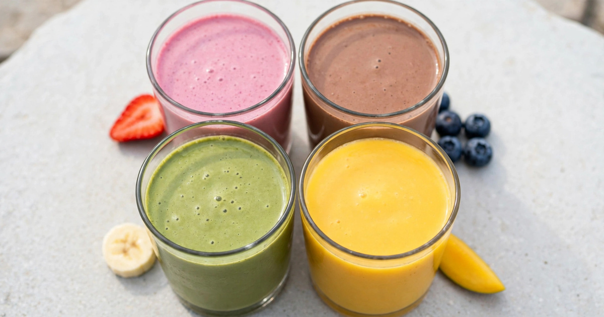 Four colorful protein shakes in berry, chocolate, matcha, and tropical flavors arranged on a bright pale-stone surface.