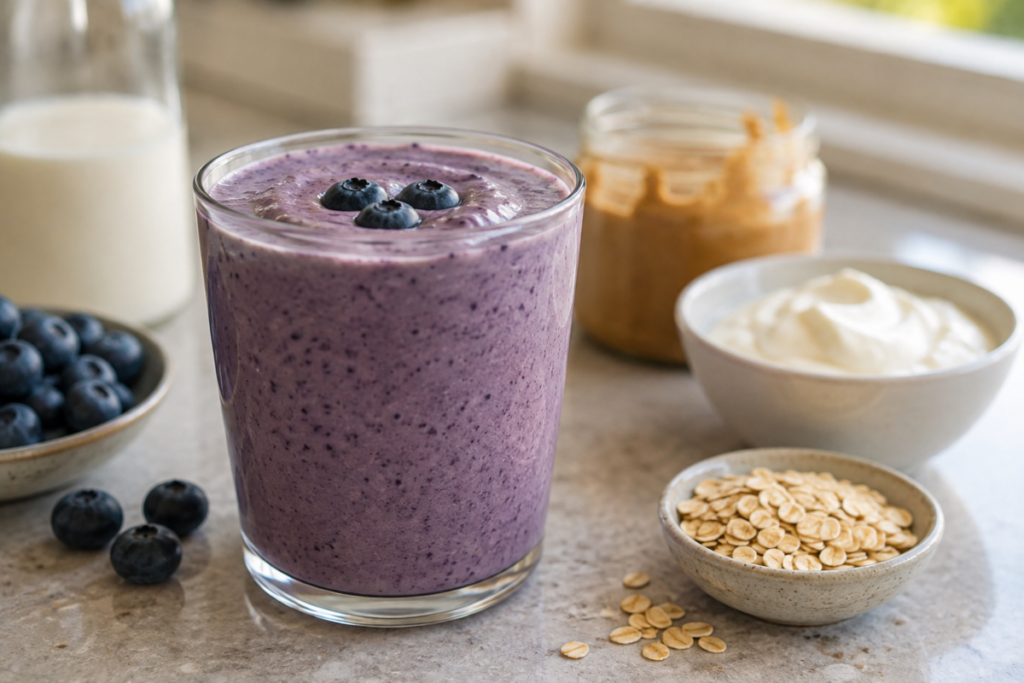 Creamy blueberry Greek yogurt protein smoothie beside blueberries, Greek yogurt, and rolled oats.