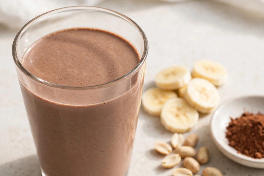 Creamy chocolate peanut butter protein shake beside banana slices, peanuts, and cocoa powder.