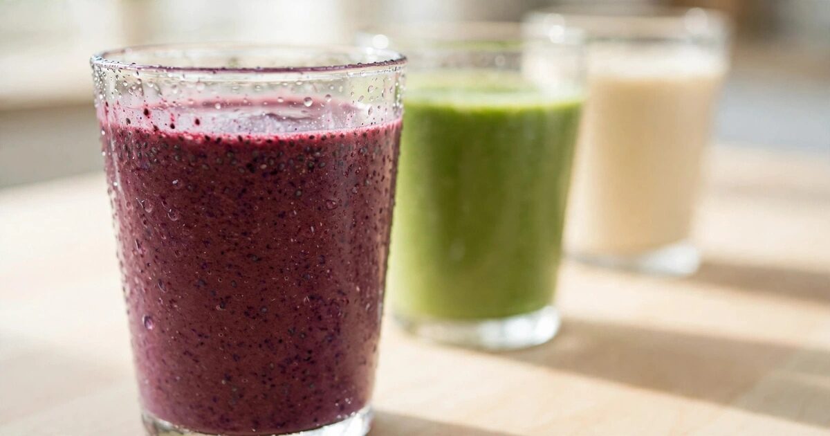 Three freshly blended smoothies in clear glasses — deep berry, vivid green, and creamy protein — lined up in bright natural light.