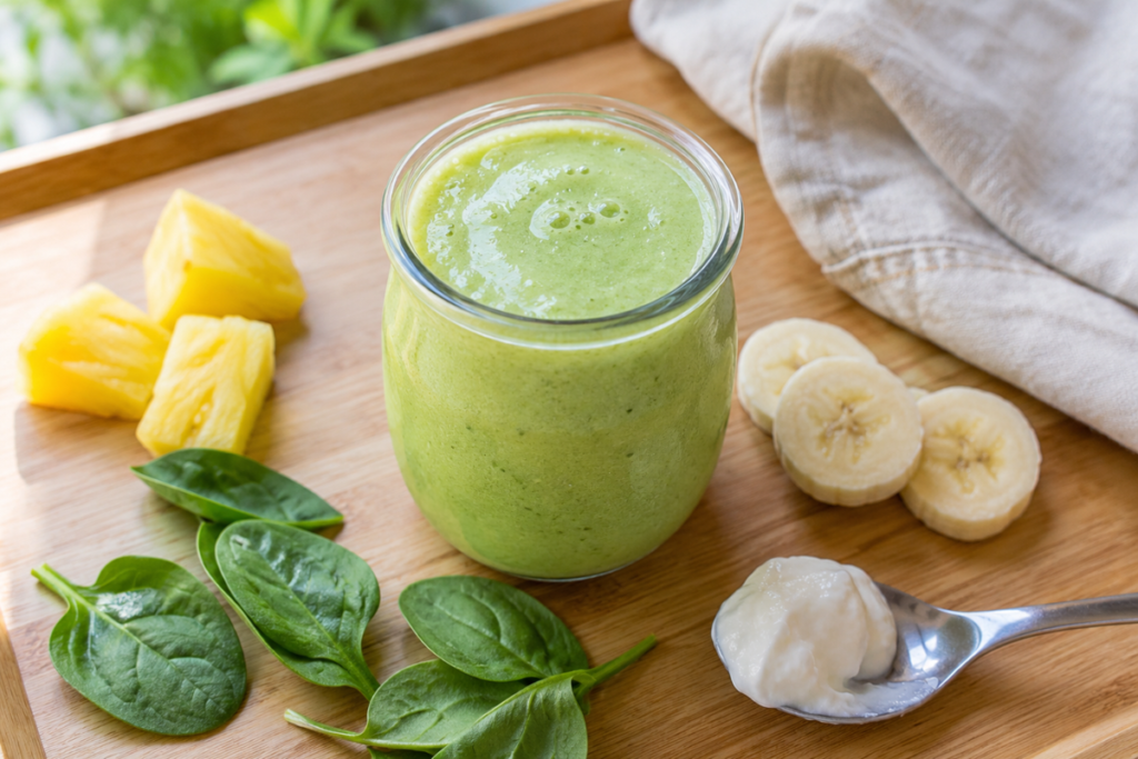Creamy green Greek yogurt protein smoothie beside pineapple, fresh baby spinach, and Greek yogurt.