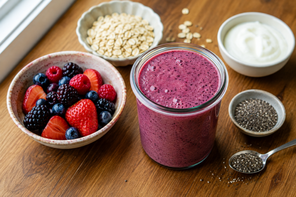 Creamy berry protein smoothie beside mixed berries, Greek yogurt, rolled oats, and chia seeds.