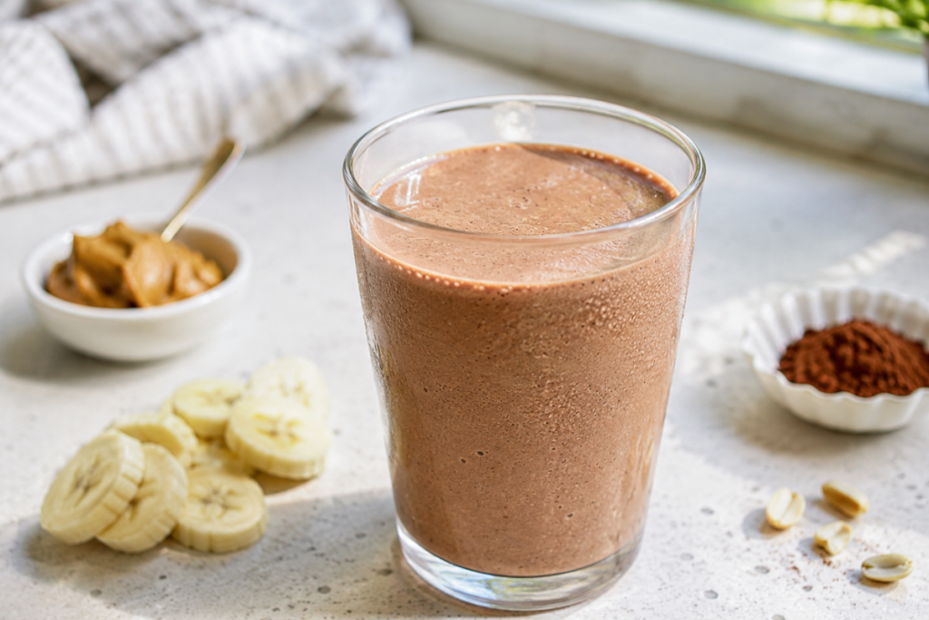 Creamy iced coffee vanilla protein shake beside coffee beans, banana slices, and Greek yogurt.