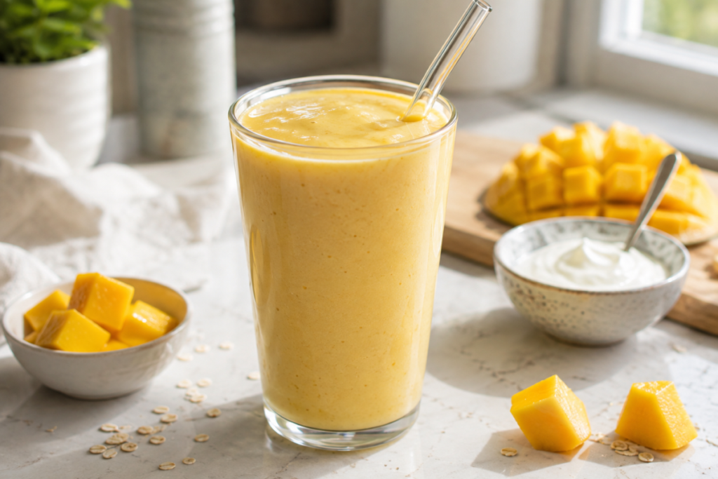 Creamy golden-yellow mango Greek yogurt protein smoothie beside ripe mango pieces, Greek yogurt, and lime.