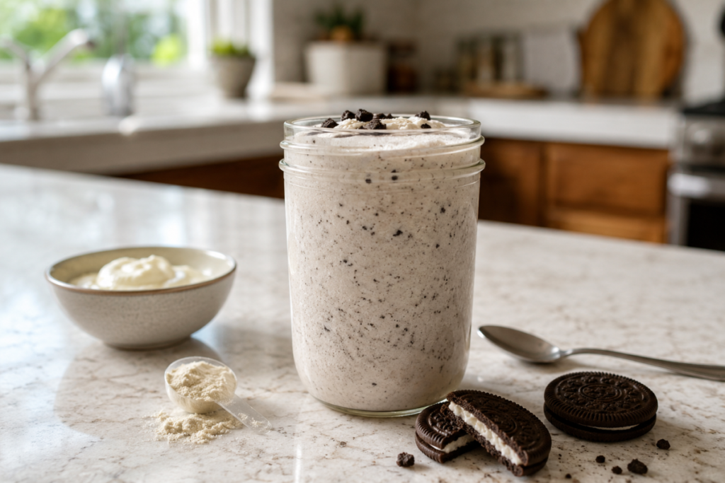 Creamy cookies-and-cream protein shake beside cocoa sandwich cookies and Greek yogurt.