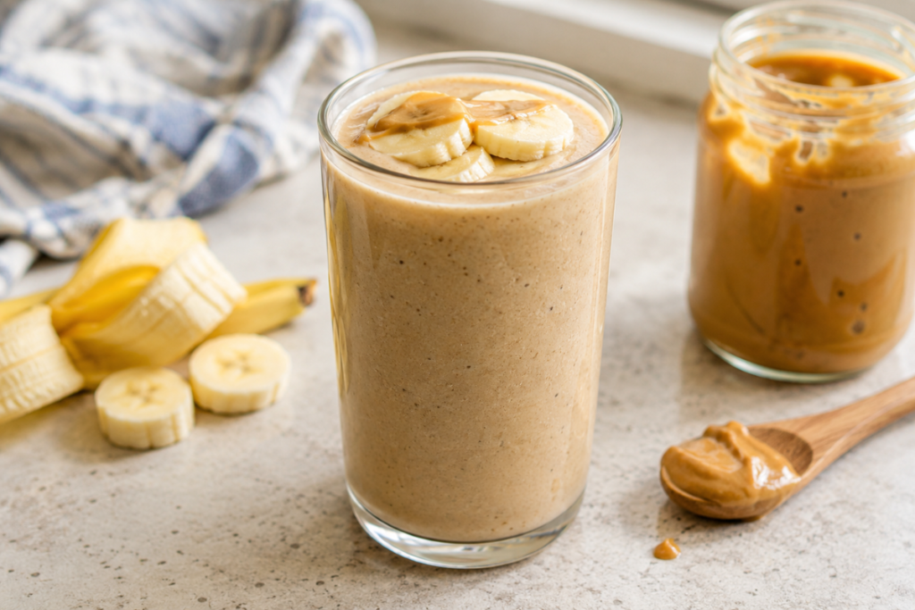 Creamy peanut butter banana protein smoothie beside fresh banana slices, peanut butter, and cinnamon.