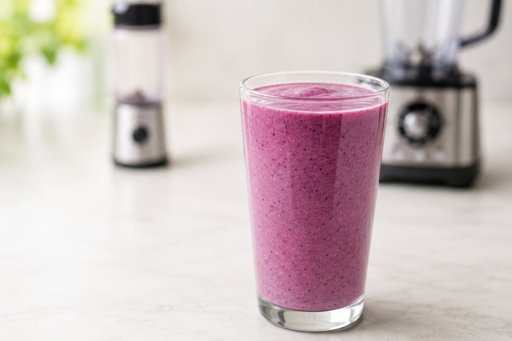 Berry protein shake in focus with a personal blender and full-size blender blurred in the background.