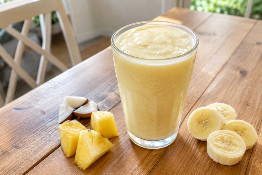 Creamy piña colada protein shake beside ripe pineapple pieces and unsweetened coconut flakes.