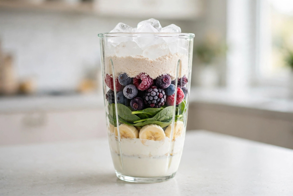 Clear blender jar layered with milk, yogurt, fruit, greens, protein powder, and ice in blending order.