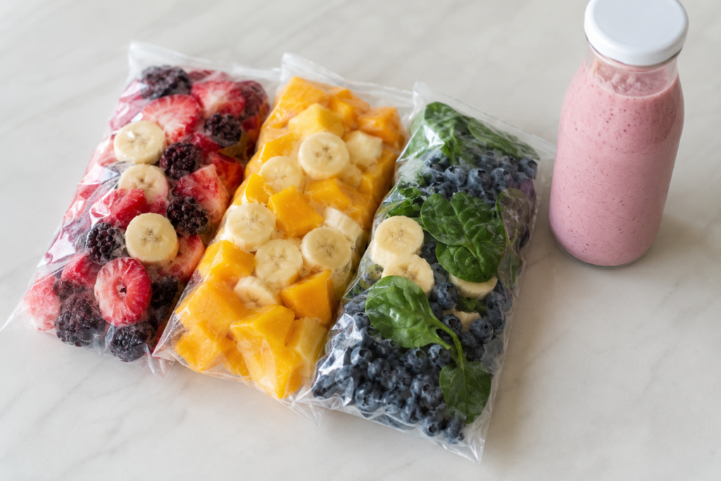 Three sealed protein shake freezer packs beside a tightly capped bottle containing a finished pink shake.