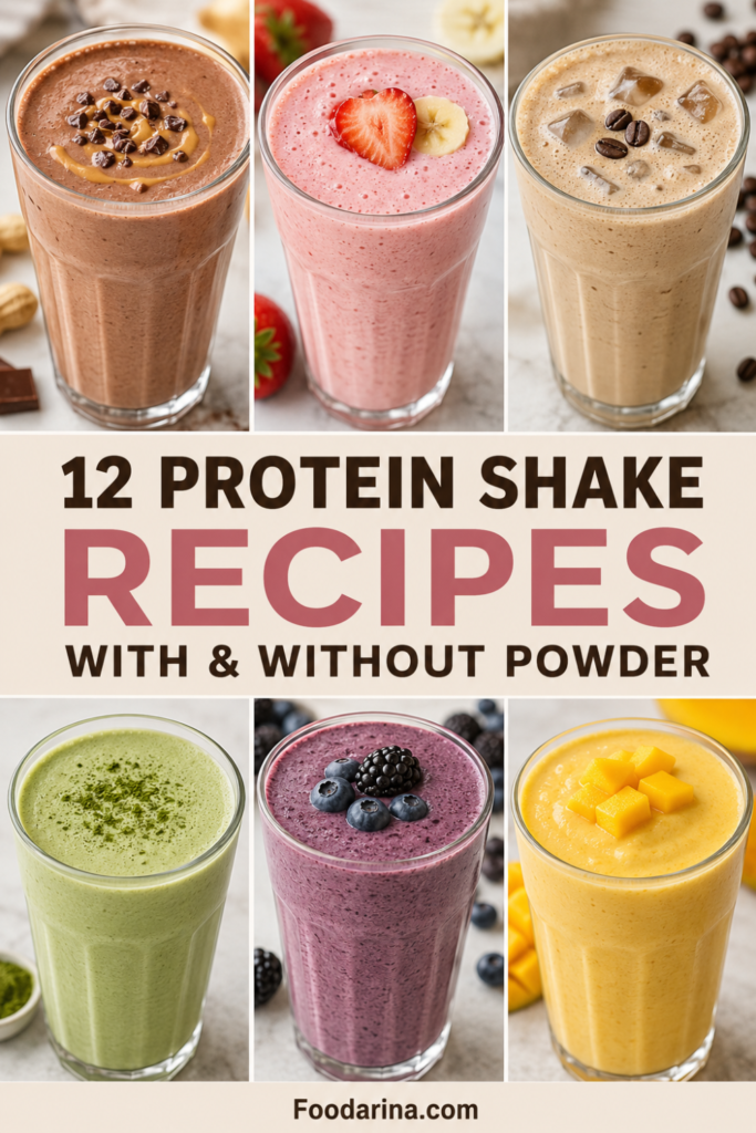 Vertical Pinterest collage with six finished protein shakes in chocolate brown, strawberry pink, light coffee, matcha green, berry purple, and mango yellow, arranged above and below the headline “12 Protein Shake Recipes With & Without Powder,” with “Foodarina.com” at the bottom.