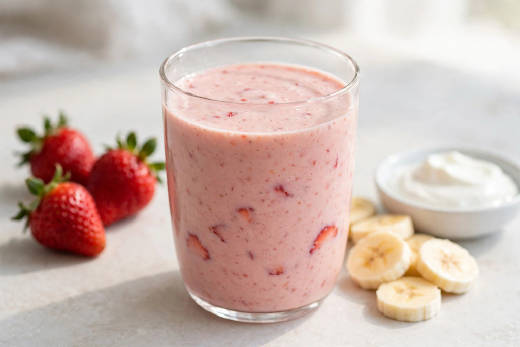 Creamy strawberry banana protein smoothie beside fresh strawberries, banana slices, and Greek yogurt.