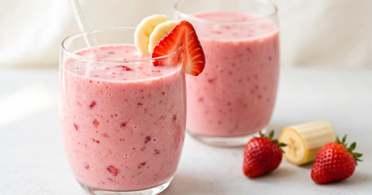 Two glasses of thick and creamy strawberry banana smoothie with fresh strawberry and banana garnish.